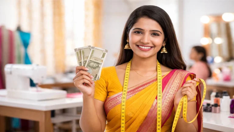 Woman holding money and measuring tape representing free government training scheme and income opportunity