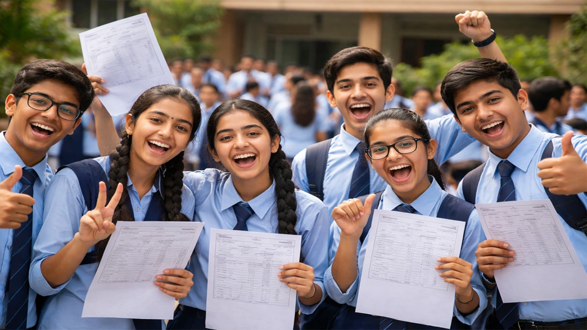 CBSE 10th result 2026 Indian students celebrating exam results at school campus