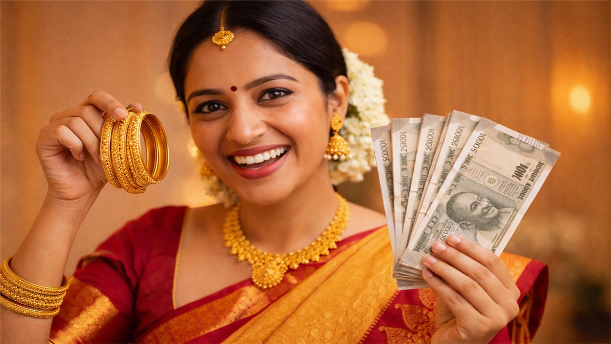 South Indian woman smiling holding gold jewelry and Indian rupee cash for gold loan concept
