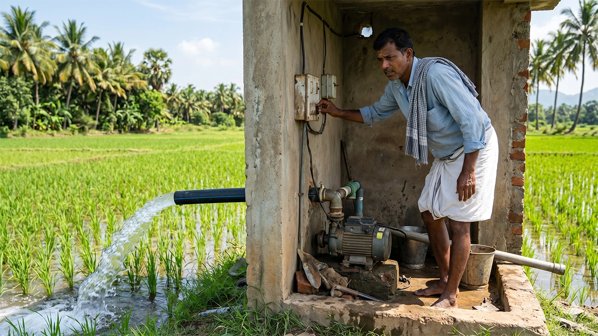 தமிழக விவசாயி பம்ப் ரூமில் மின்மோட்டர் இயக்கும் காட்சி – இலவச மின்சாரம் திட்டம் குறித்து விவாதம்