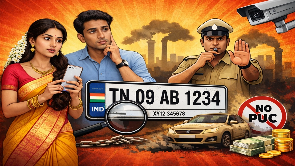 South Indian woman with car highlighting HSRP number plate rule and vehicle fine in India
