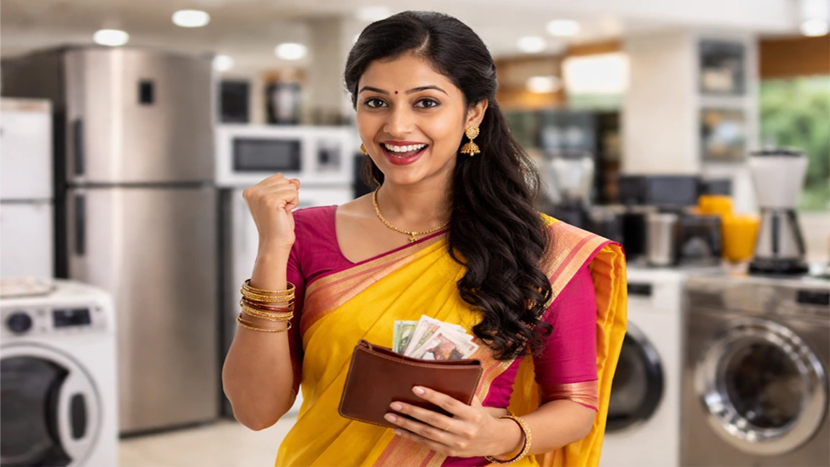 South Indian woman in saree smiling happily holding money wallet in an electronics store background