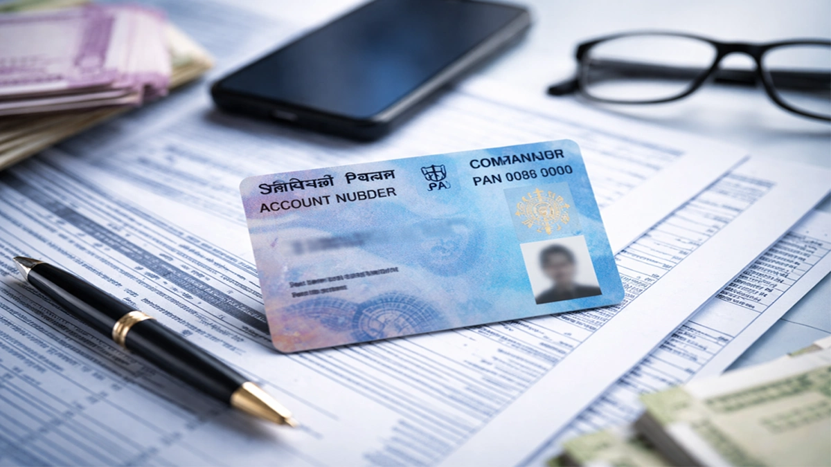 PAN card on financial documents with Indian currency and office tools