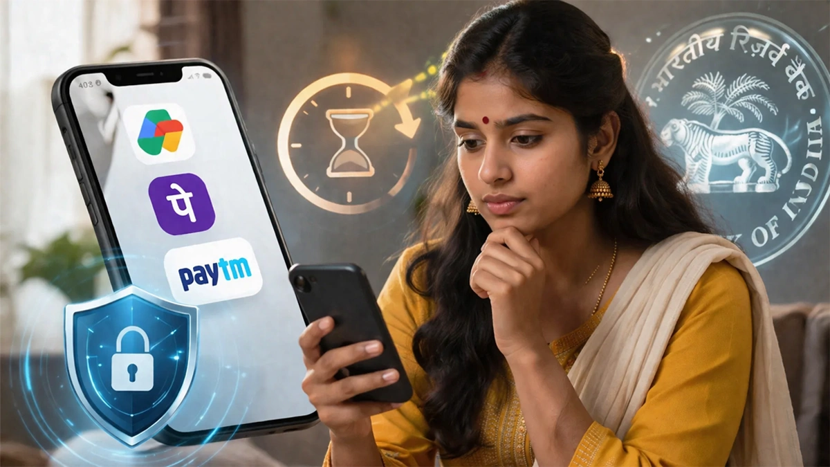 UPI payment delay rule concept with Tamil woman using mobile phone for digital transaction safety