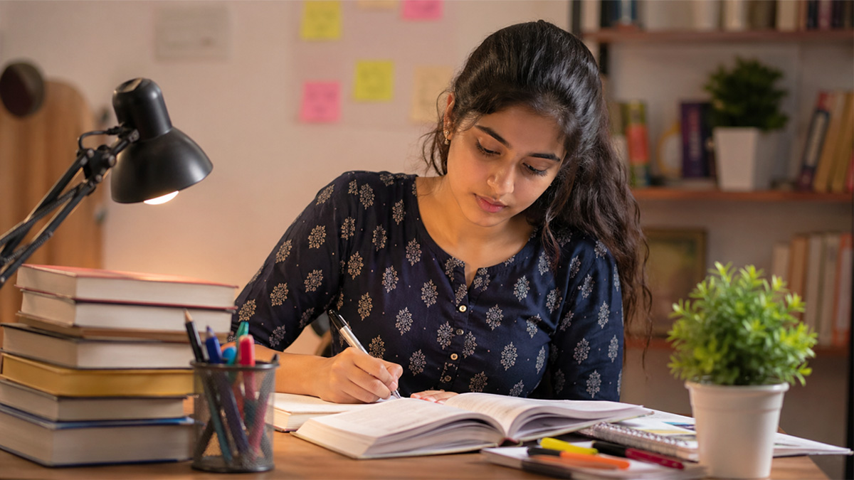 Indian girl age 21 seriously preparing for TNPSC Group 4 exam at a study table with books and notes in a focused home study environment