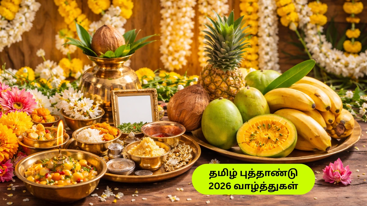 தமிழ் புத்தாண்டு 2026 கனி காணுதல் பாரம்பரிய அலங்காரம், பழங்கள், மாங்காய் பச்சடி மற்றும் பூஜை பொருட்கள்