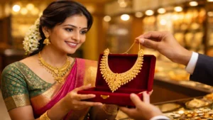 அட்சய திரிதி 2026 அன்று தங்கம் வாங்கும் தமிழ் பெண் – நகை கடையில் தங்க நகை தேர்வு செய்கிறார்