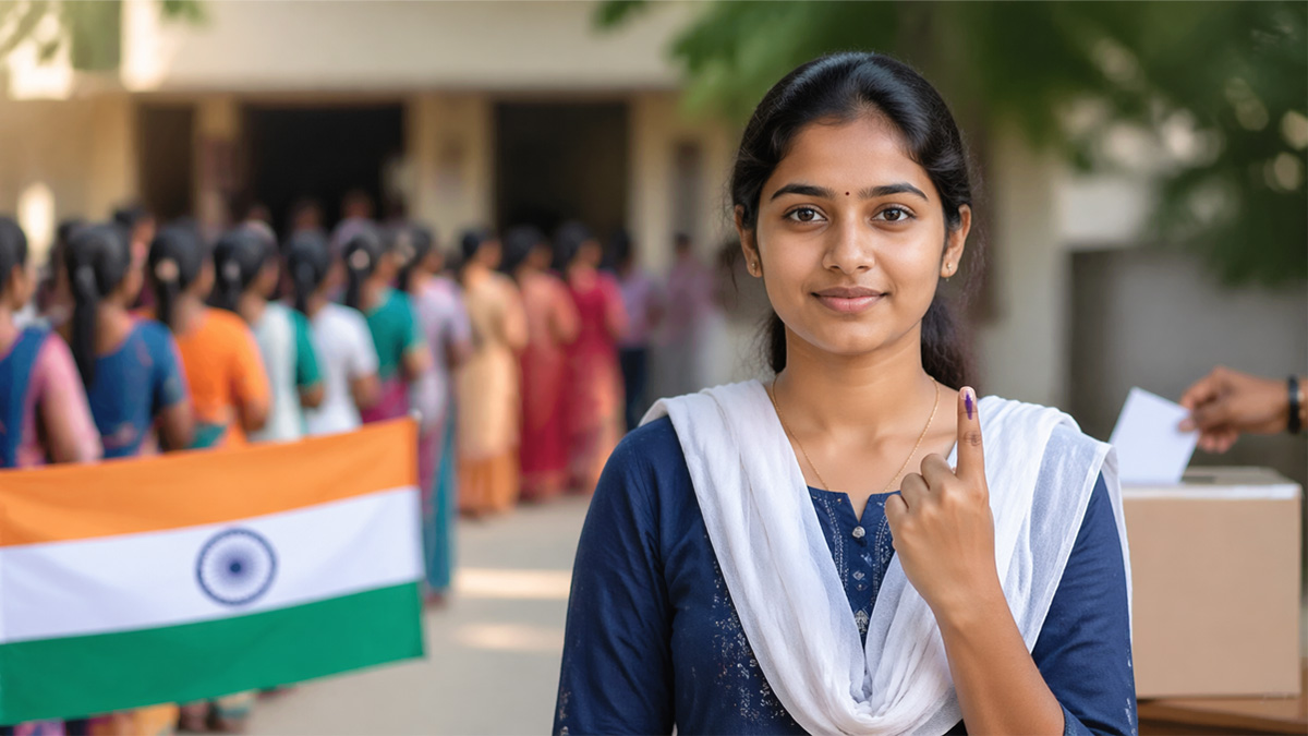 ஏப்ரல் 23 தேர்தல் விடுமுறை நாளில் வாக்களித்த பிறகு விரலில் மை காட்டும் இளம் தமிழ் பெண்