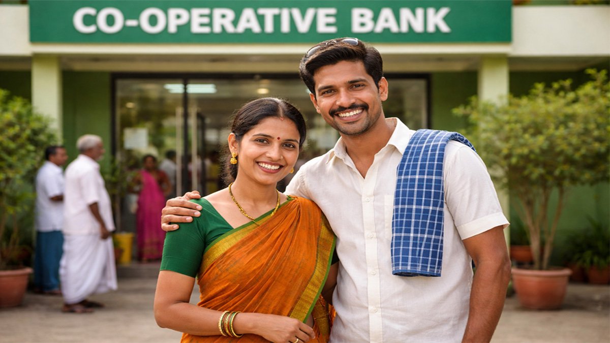 Tamil Nadu farmer couple smiling happily at cooperative bank entrance after loan relief