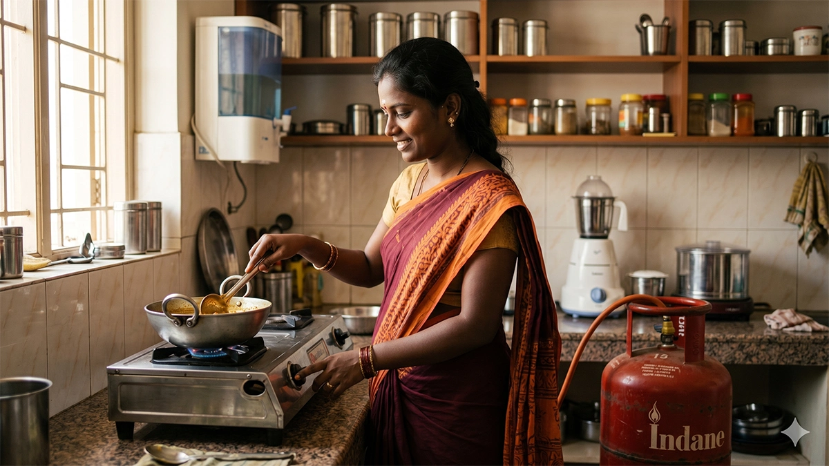 26 வயது தமிழ் பெண் சமையலறையில் எல்பிஜி சிலிண்டரை பயன்படுத்தும் காட்சி – இந்தியாவில் எரிபொருள் பற்றாக்குறை இல்லை