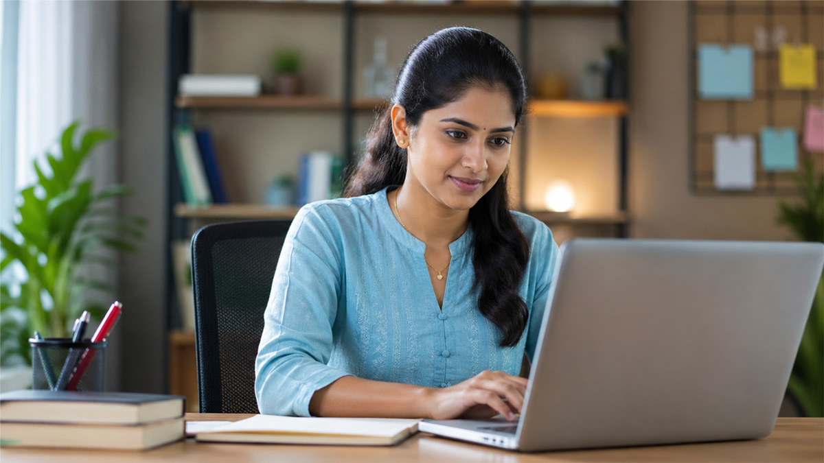 South Indian young woman applying online for engineering job on laptop at home office