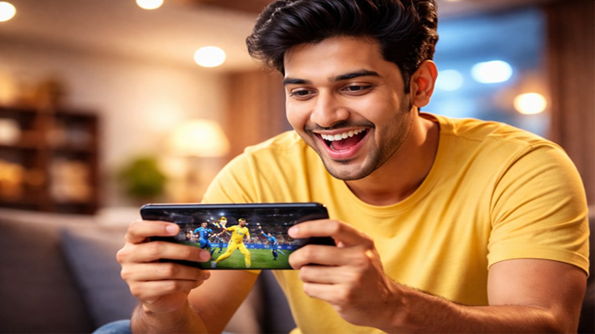 மொபைலில் கிரிக்கெட் போட்டியை பார்க்கும் தென்னிந்திய இளைஞர் மகிழ்ச்சி முகபாவனை