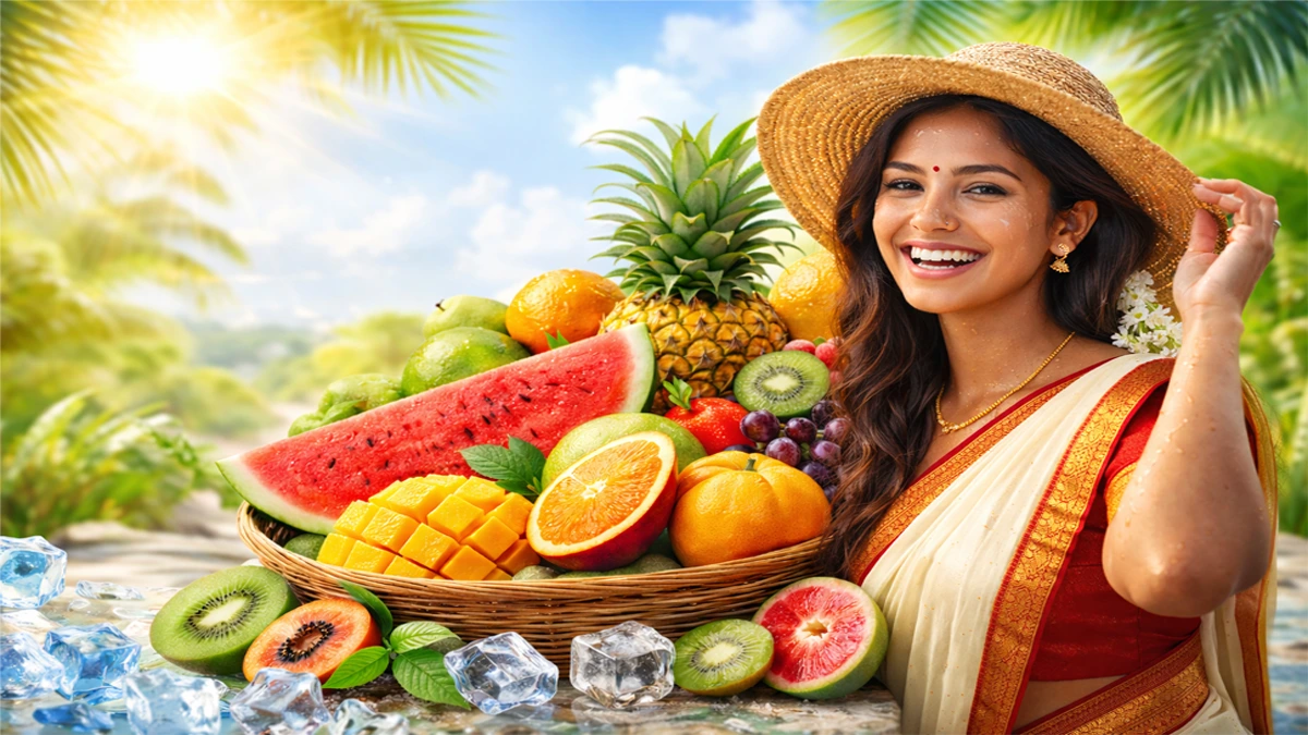 கோடைக்காலத்தில் சாப்பிட வேண்டிய பழங்கள் மற்றும் தமிழ்நாட்டு பெண் பாரம்பரிய உடையில்