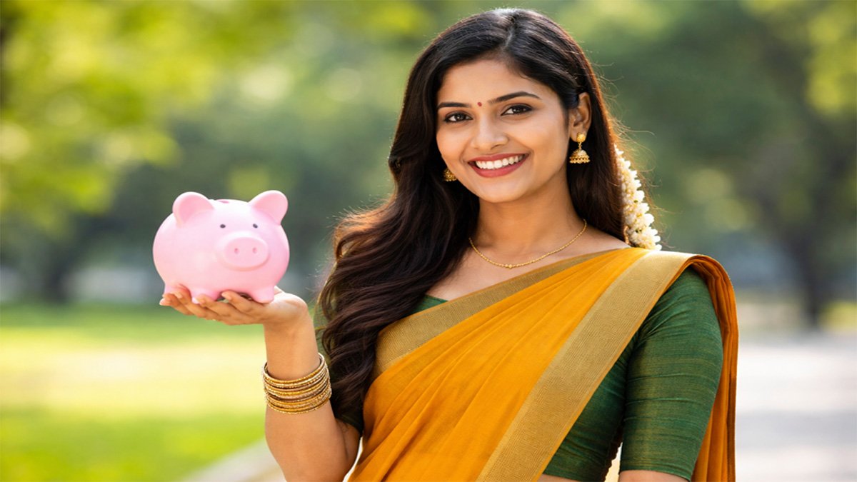 25 வயது தென்னிந்திய பெண் சேமிப்பு குறிக்கும் வகையில் பிங்க் பிக்கி பேங்க் பிடித்திருக்கும் படம்