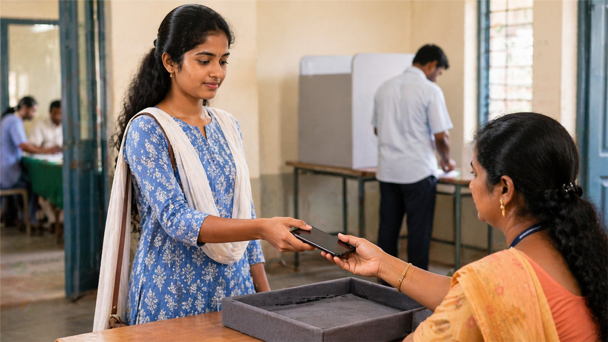 Tamil girl submitting mobile phone at polling booth before voting in Tamil Nadu election