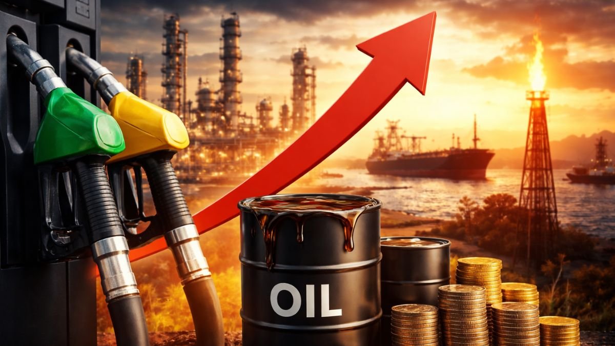 Petrol and diesel price increase concept with fuel pump nozzles, oil barrel and rising arrow indicating crude oil price surge