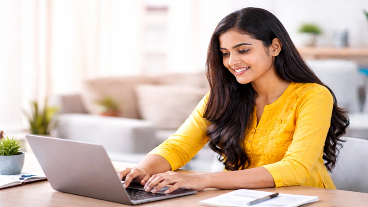 Young Indian woman applying for RITES Assistant HR job on laptop at home