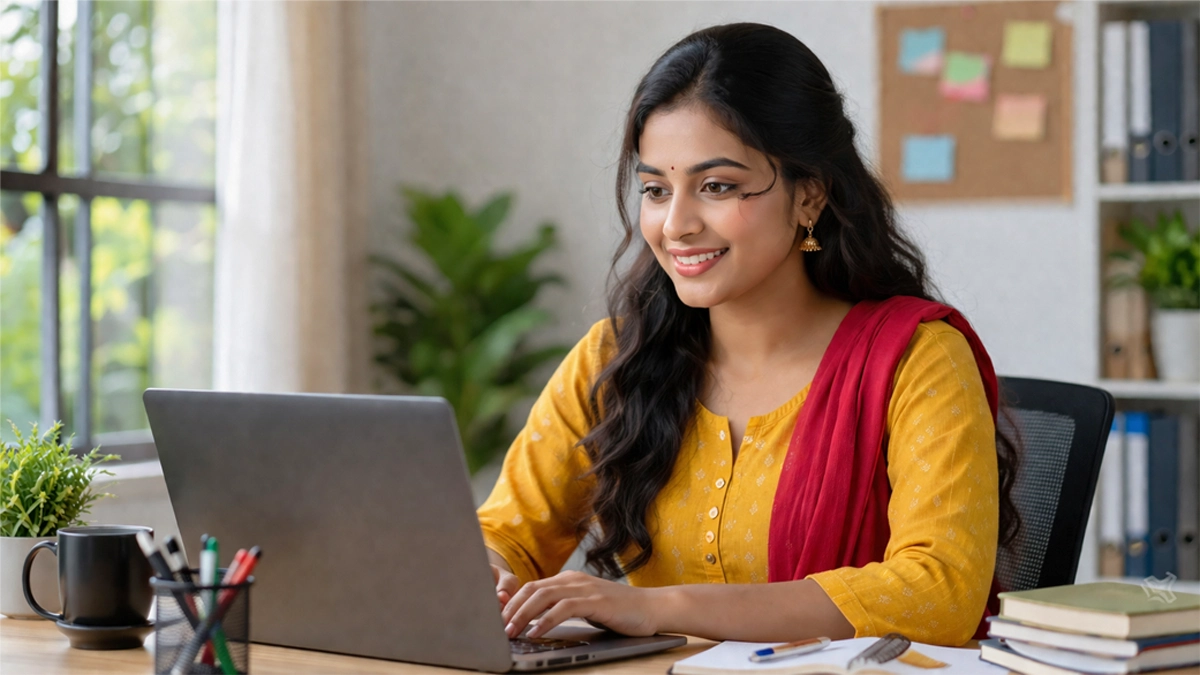 Tamil girl applying for SSC Assistant recruitment 2026 using laptop