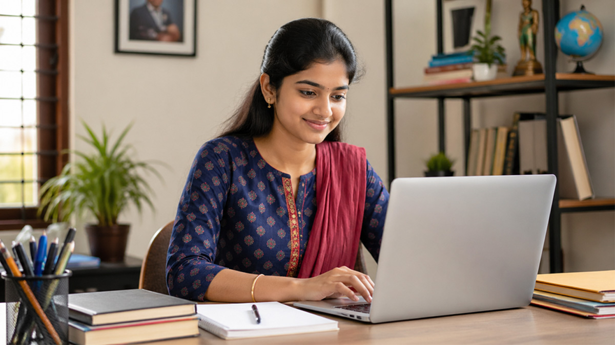 South Indian Tamil girl applying for SSC Stenographer Recruitment 2026 job online using laptop