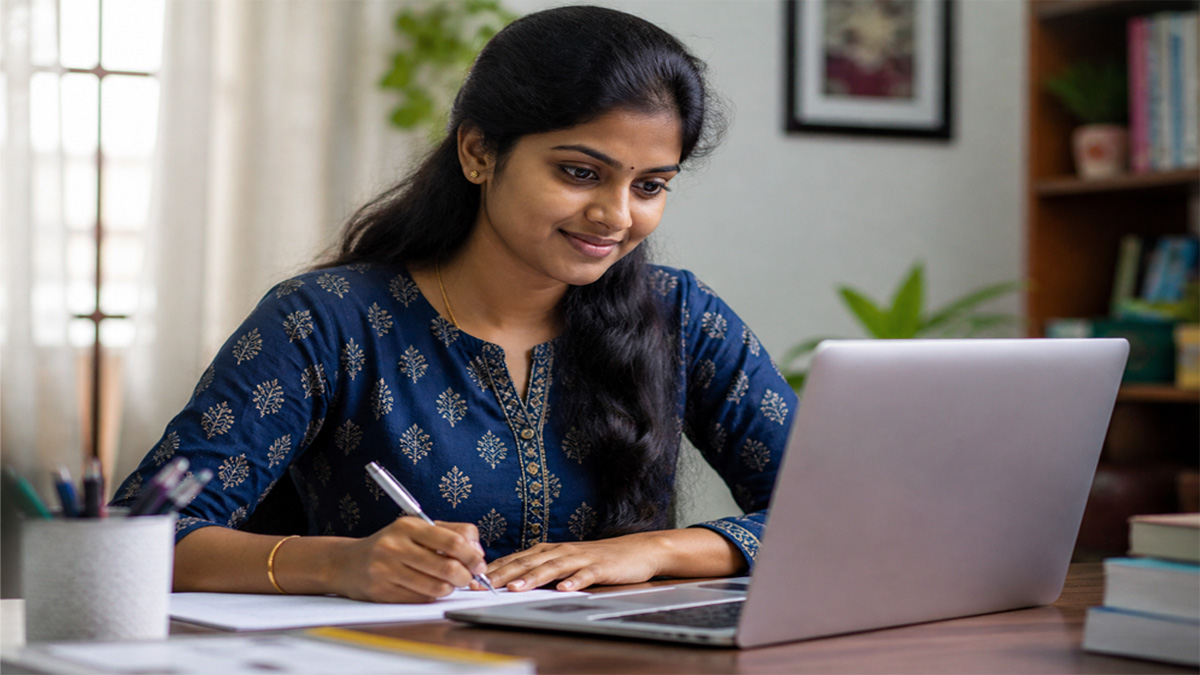 Tamil girl applying for Indian Air Force job 2026 using laptop at home