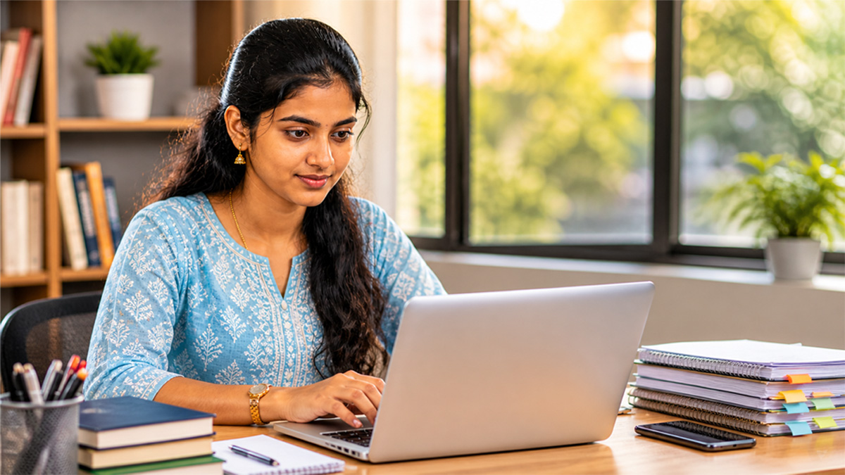 South Indian girl applying for CRPF constable recruitment 2026 using laptop