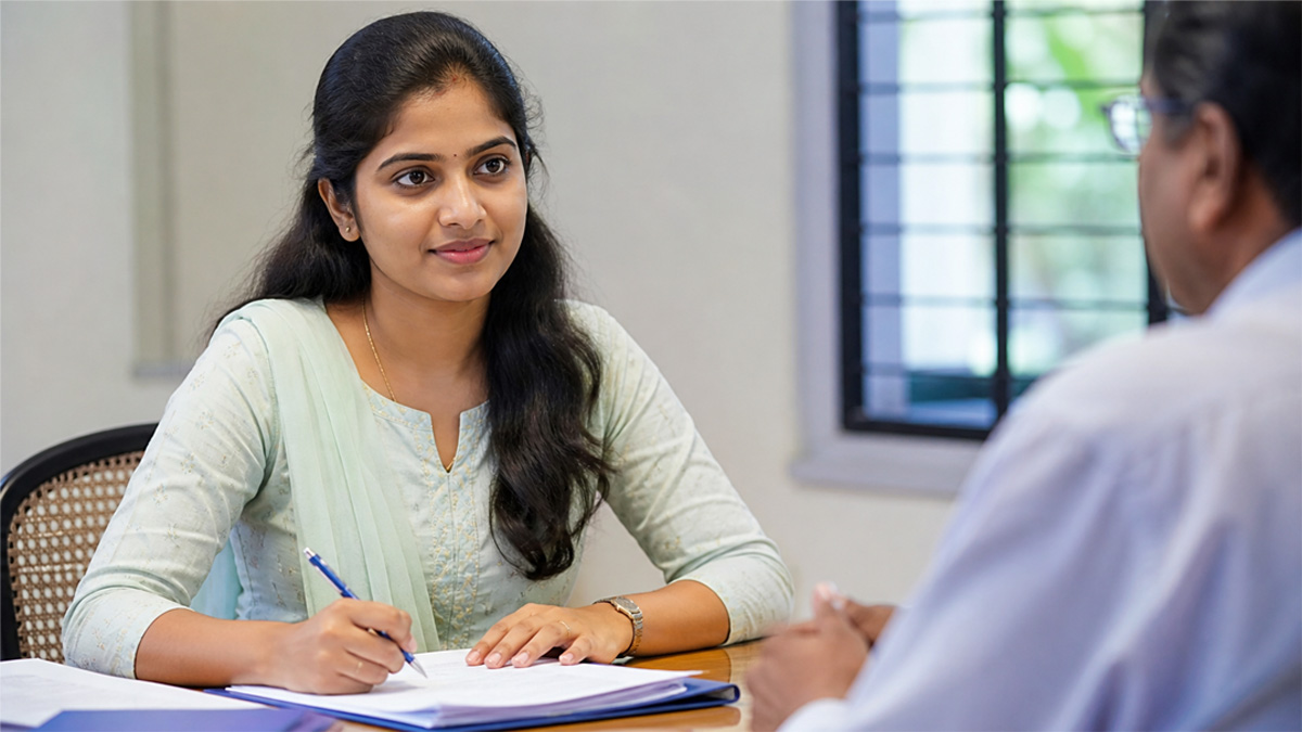Tamil young woman applying for government job interview in office environment