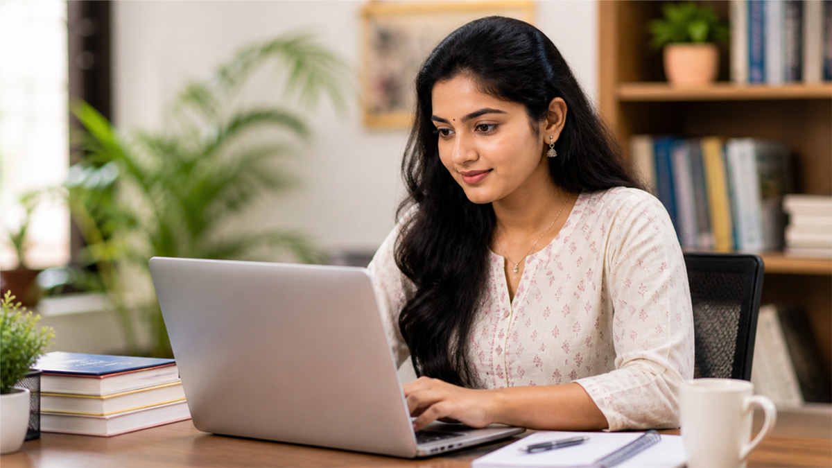 Tamil woman applying for UPSC job 2026 on laptop at home
